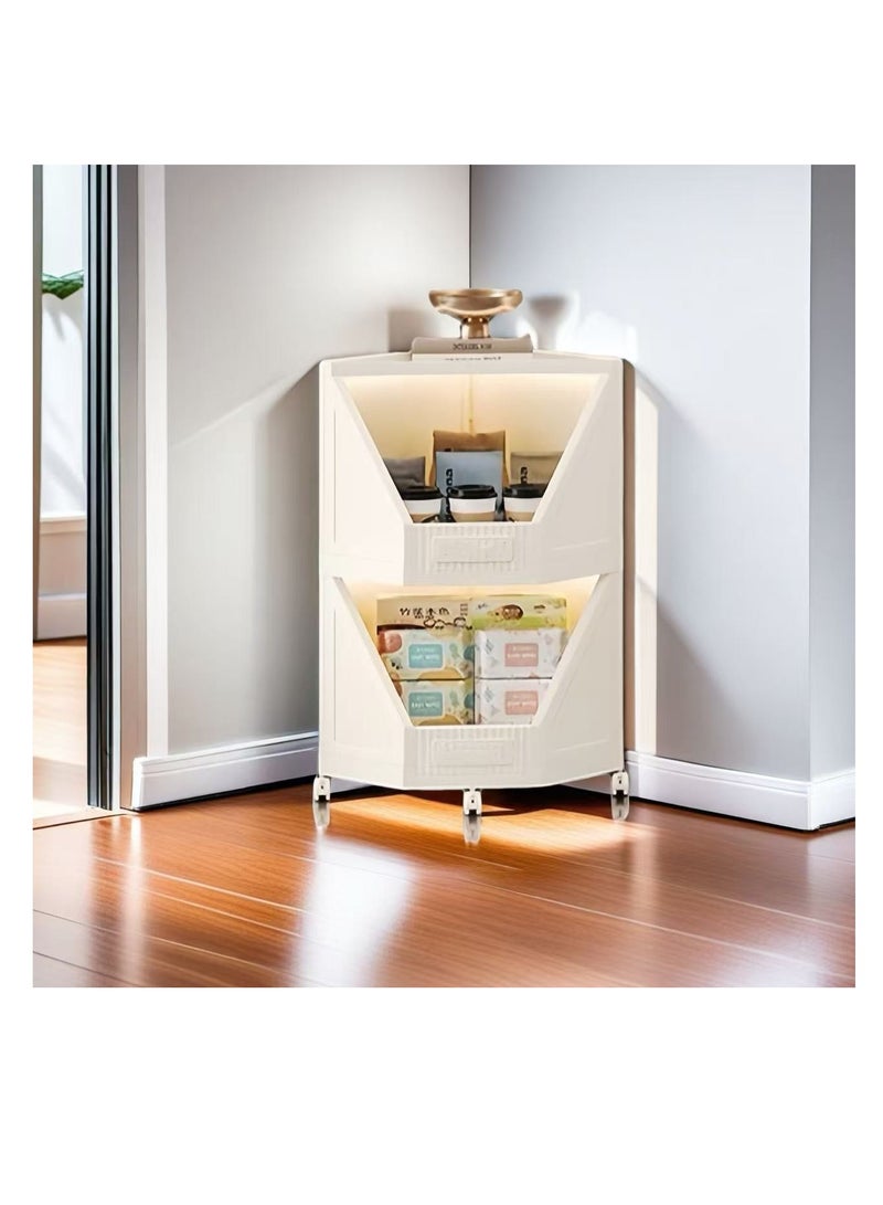Foldable triangular storage cabinet corner shelf, large capacity layered classification storage shelf with detachable universal wheels, designed to fit the wall corner, suitable for kitchen, living room, bedroom, study, bathroom (2 floors) - Image 1