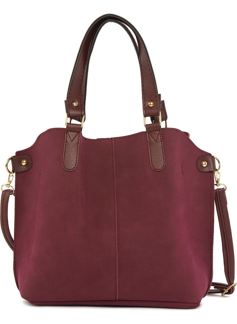 Bagmori Burgundy Three-Compartment Nubuck Bag with Snap Detail  - Image 1