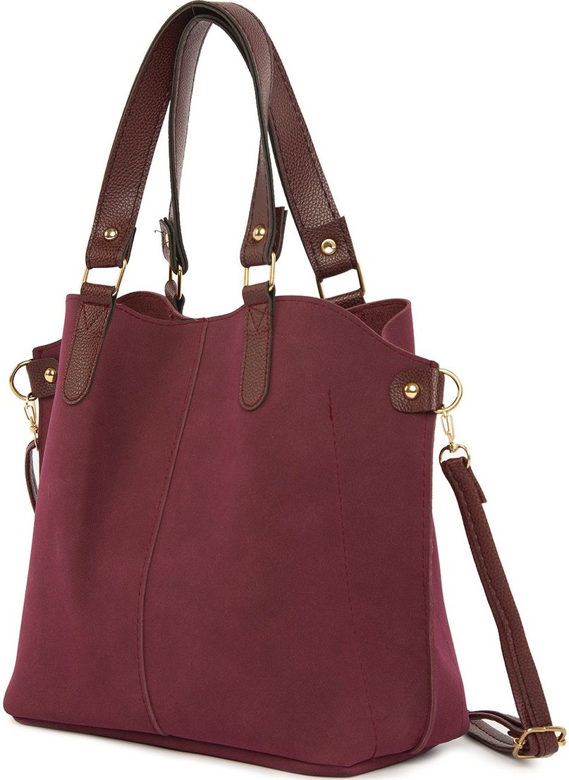 Bagmori Burgundy Three-Compartment Nubuck Bag with Snap Detail  - Image 2