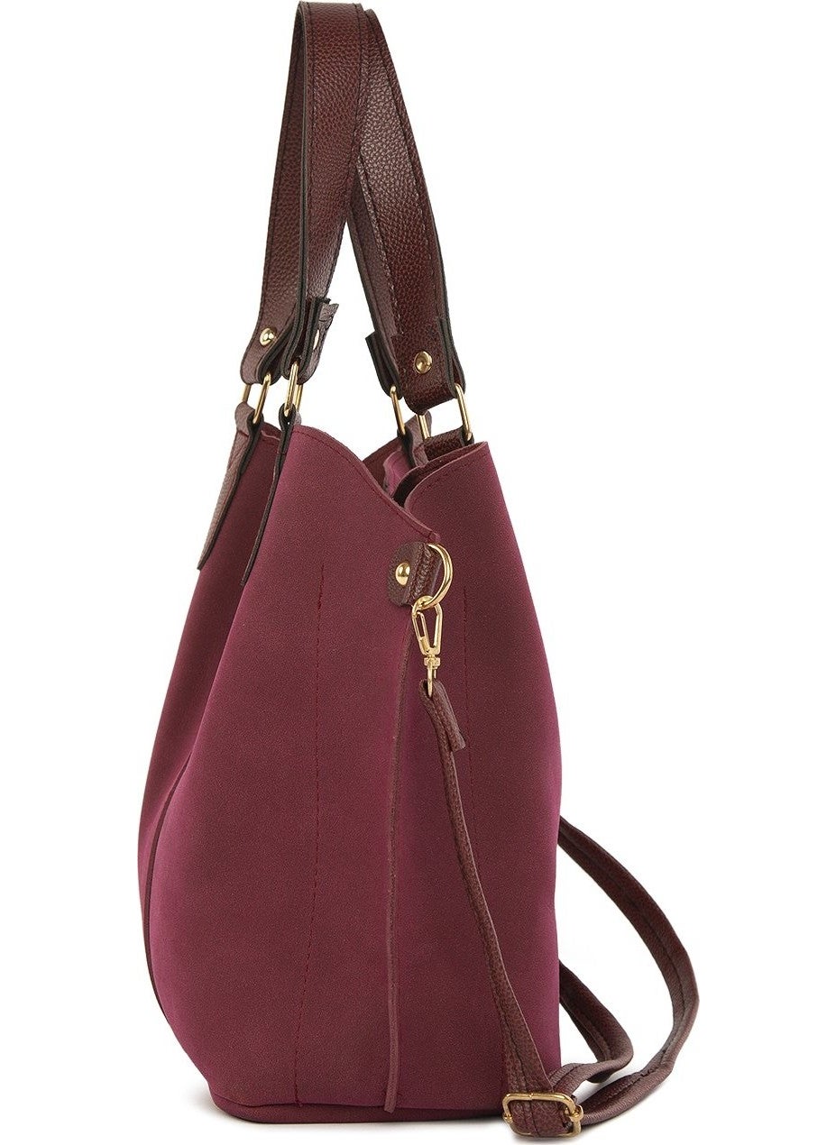 Bagmori Burgundy Three-Compartment Nubuck Bag with Snap Detail  - Image 3