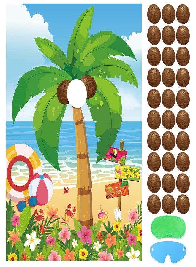 Hxezoc Hawaiian Luau Party Game for Kids Pin The Coconut on The Palm Tree with 30 Pcs Coconut Stickers, Large Summer Tropical Palm Tree Poster for Hawaiian Birthday Party Supplies - Image 1