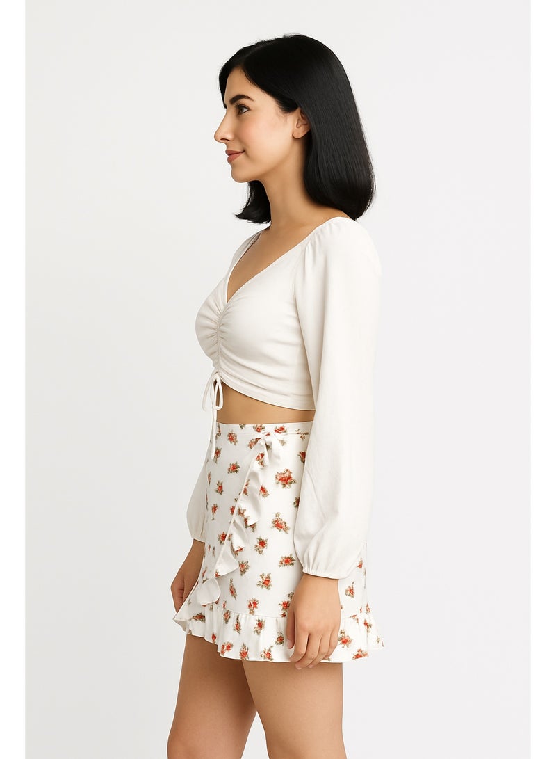 MANIKAN Women's Mini Floral Print Two-Piece Dress Set with Long Sleeve and Ruffle Trim - Image 2
