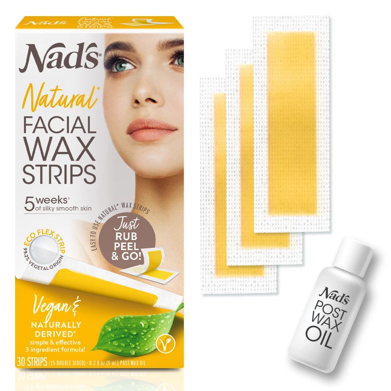 Nad's Facial Wax Strips - Natural All Skin Types - Waxing Kit With 30 Face Wax Strips & Post Wax Oil, 1 Count - Image 1