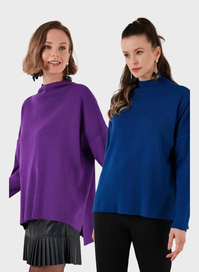 ليلا ليلا سويتر نسائي قطن بياقة واقفة وظهر طويل عبوتين