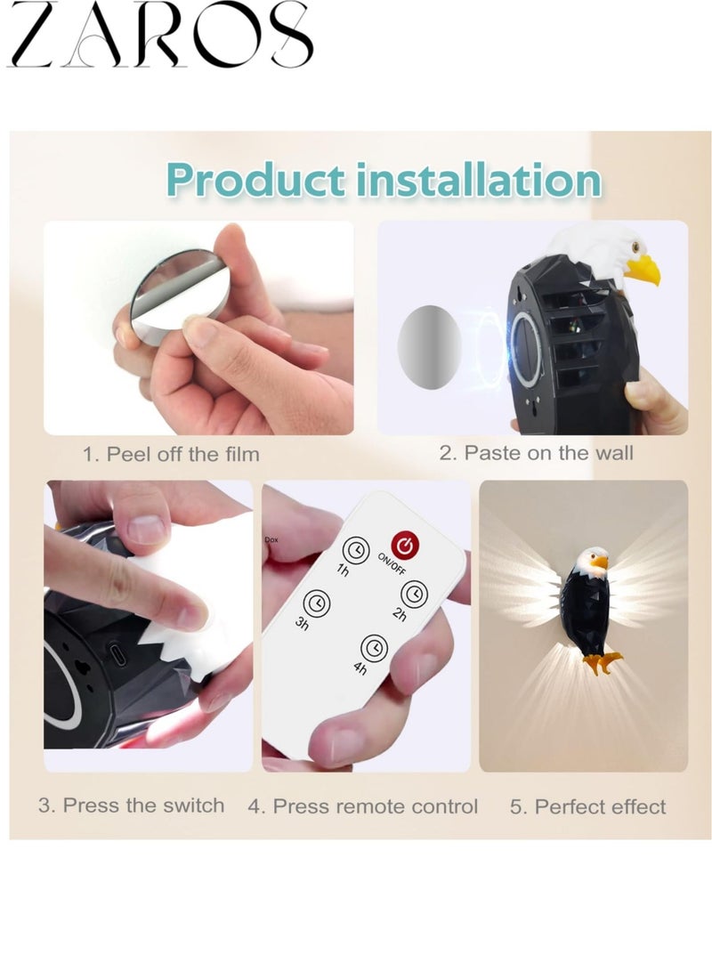 Zaros Bald Eagle Wall Light – Magnetic Mounted American Eagle Lamp, Remote Control - Removable Charging Animal Bird LED Night Lamp - Bedroom / Living Room / Hallway - Image 4