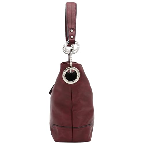 Alyssa Hobo Shoulder Bag with Big Snap Hook Hardware (Burgundy) - Image 3