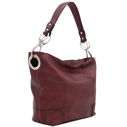 Alyssa Hobo Shoulder Bag with Big Snap Hook Hardware (Burgundy) - Image 1