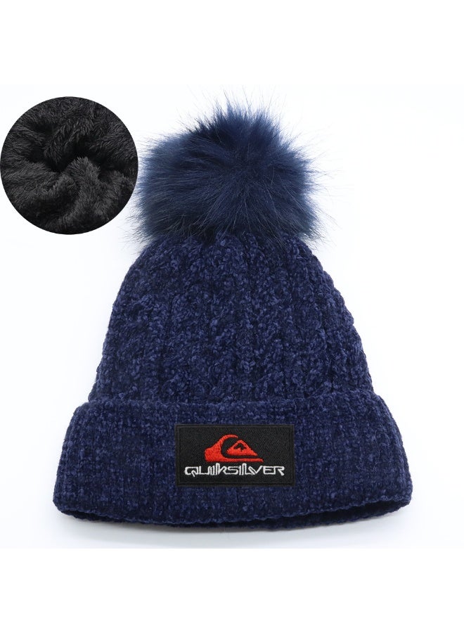 Quiksilver Sherpa-Lined Pom-Pom Beanie - Navy Blue Winter Surf Beanie for Men & Women