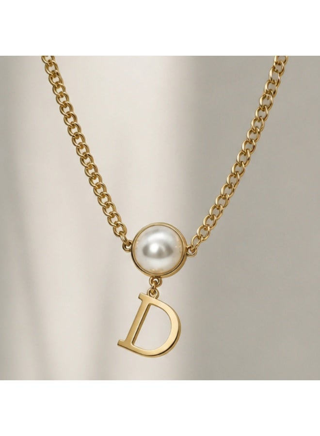 Vintage Style Pearl & Initial 'D' Pendant Necklace for Women - Image 2