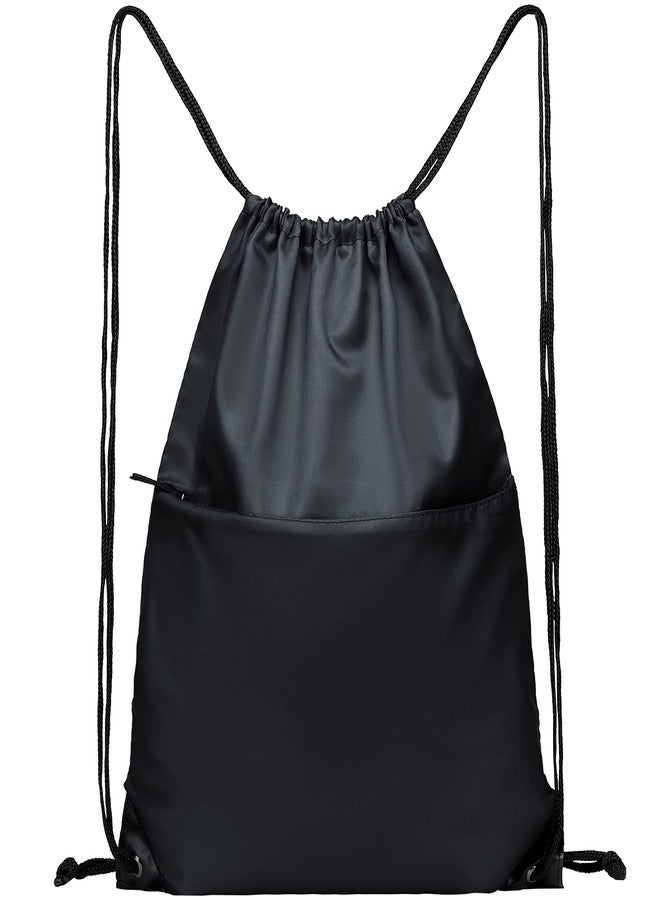 BuyAgain Drawstring Backpack Sports Water Resistant String Bag Sport Gym Sackpack for Women Men Large with Zipper, Black - Image 1