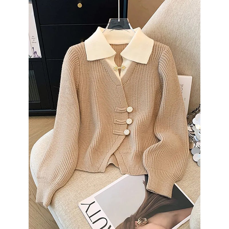 One-piece/Early Autumn Wear plus size chubby girl New Chinese Style National Style Fake Two-piece Knit Sweater Denim Trousers Womens Fashion Khaki top single piece
