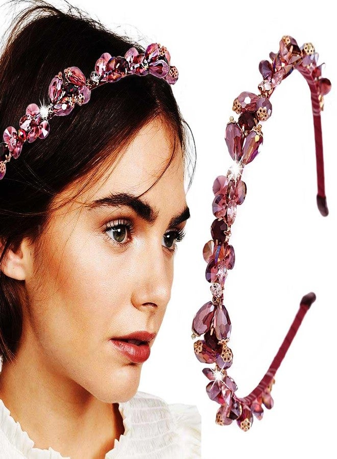Firuilo Baroque Rhinestones Headbands Purple Thin Hairband Bling Crystal Beaded Head Band for Women(Purple) - Image 1