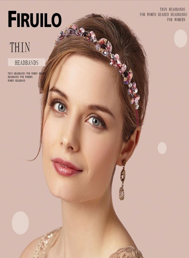 Firuilo Baroque Rhinestones Headbands Purple Thin Hairband Bling Crystal Beaded Head Band for Women(Purple) - Image 4