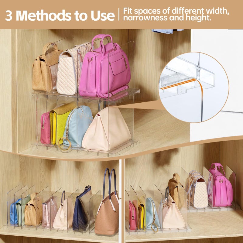 PAVSTINE Purse Organizer for Closet, Stackable Handbag Storage Shelf, Adjustable Clear Shelf Dividers, Keep Clutch, Bag, Pocketbook Upright, for Bedroom - Image 4