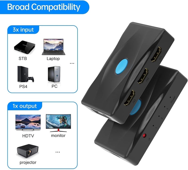 Yinker HDMI Switch 4K@60Hz 3 Port , Yinker HDMI Switch 3 in 1 Out w/ IR Remote & HDMI Cable, 4K Switcher Selector Supports HDCP2.2, HDR, Auto Scan for Fire Stick 4K, HDTV, PS4/5, Game Consoles, PC - Image 2