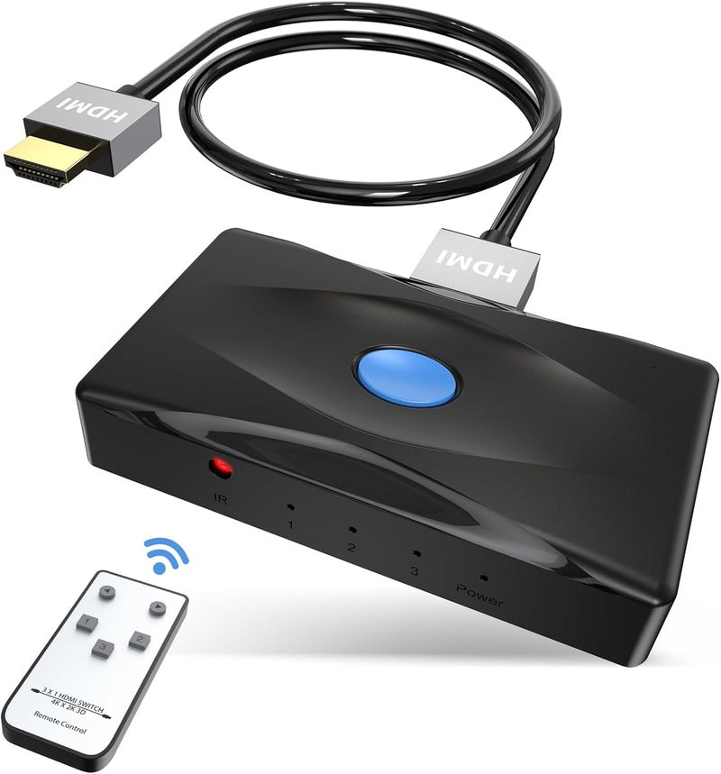 Yinker HDMI Switch 4K@60Hz 3 Port , Yinker HDMI Switch 3 in 1 Out w/ IR Remote & HDMI Cable, 4K Switcher Selector Supports HDCP2.2, HDR, Auto Scan for Fire Stick 4K, HDTV, PS4/5, Game Consoles, PC - Image 1