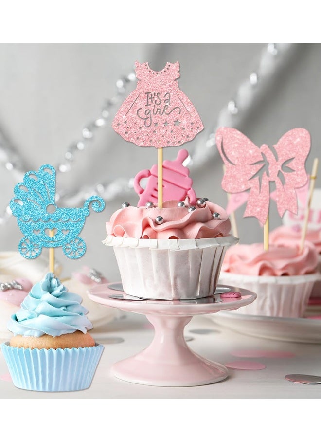 مجموعة زينة لحفلات استقبال المولود الجديد، مكونة من 24 قطعة، باللونين الوردي والأزرق، تتضمن زجاجات ورقية لامعة، وأقواس، وملابس داخلية، وسراويل، وفساتين، وأقدام، مناسبة لحفلات الأولاد والبنات. - Image 3