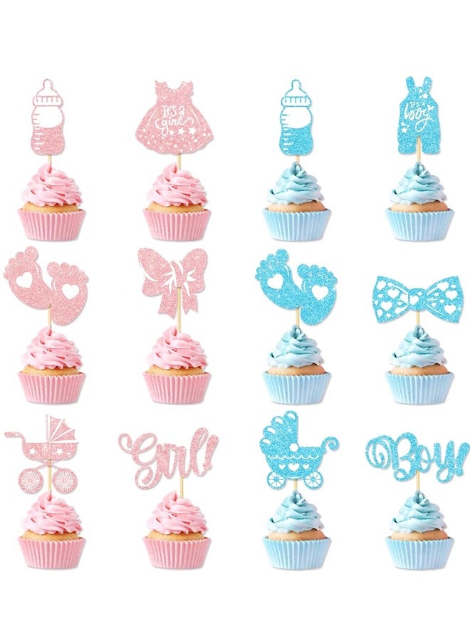 مجموعة زينة لحفلات استقبال المولود الجديد، مكونة من 24 قطعة، باللونين الوردي والأزرق، تتضمن زجاجات ورقية لامعة، وأقواس، وملابس داخلية، وسراويل، وفساتين، وأقدام، مناسبة لحفلات الأولاد والبنات. - Image 1