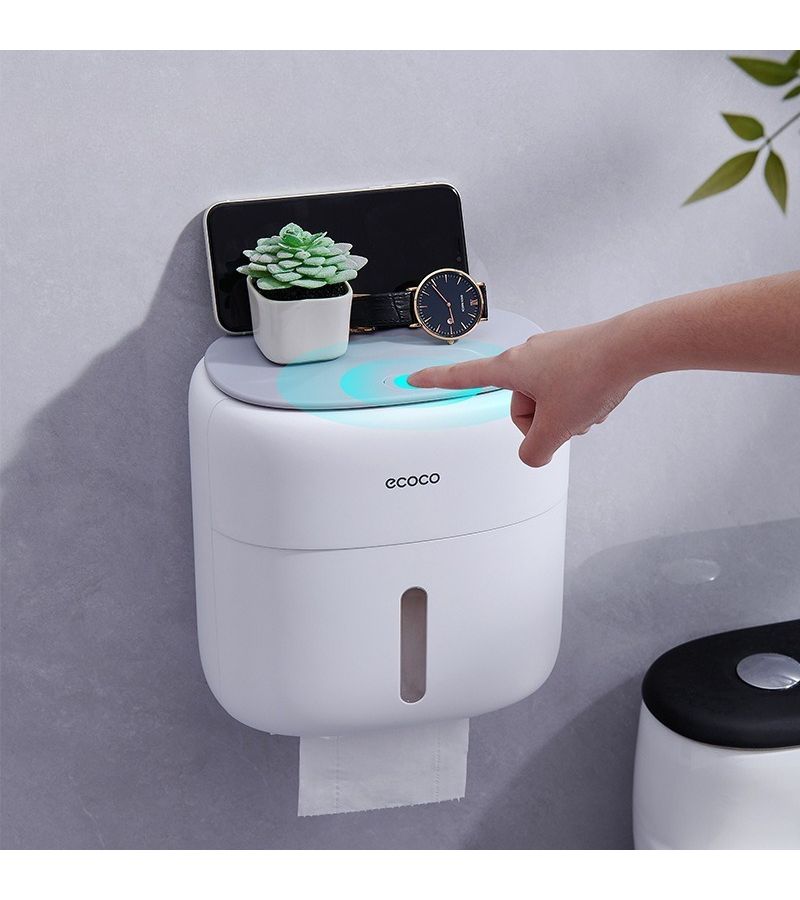 Black Double Layer Wall Mounted Push Type Toilet Paper Holder With Storage Shelf And Tissue Box No Drill Roll Holder - Image 3