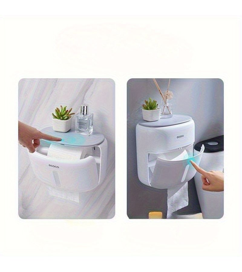 Black Double Layer Wall Mounted Push Type Toilet Paper Holder With Storage Shelf And Tissue Box No Drill Roll Holder - Image 5
