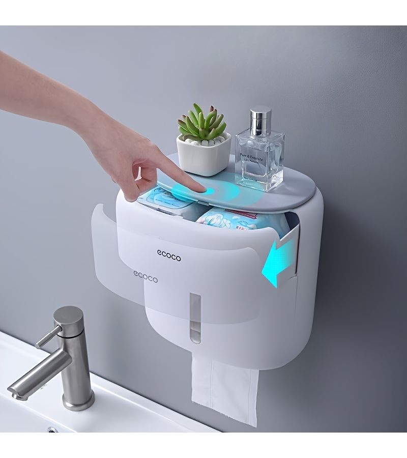 Black Double Layer Wall Mounted Push Type Toilet Paper Holder With Storage Shelf And Tissue Box No Drill Roll Holder - Image 2
