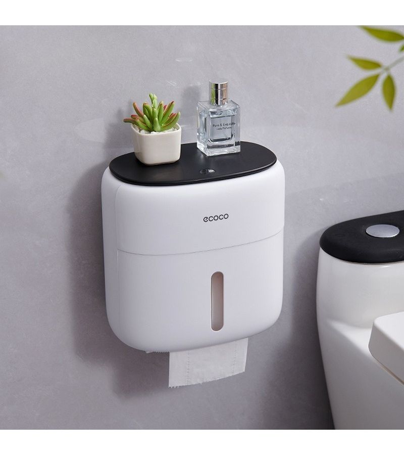 Black Double Layer Wall Mounted Push Type Toilet Paper Holder With Storage Shelf And Tissue Box No Drill Roll Holder - Image 1