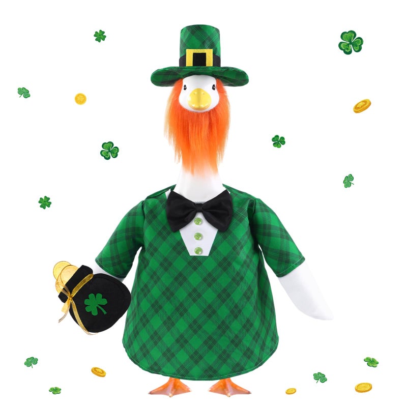 Celltestria St Patrick's Day Goose Outfit Green Plaid Porch Goose Costume Lucky Irish Clothes for 23" Geese St Patrick's Day Outdoor Patio Yard Lawn Garden Art Decoration - Image 1