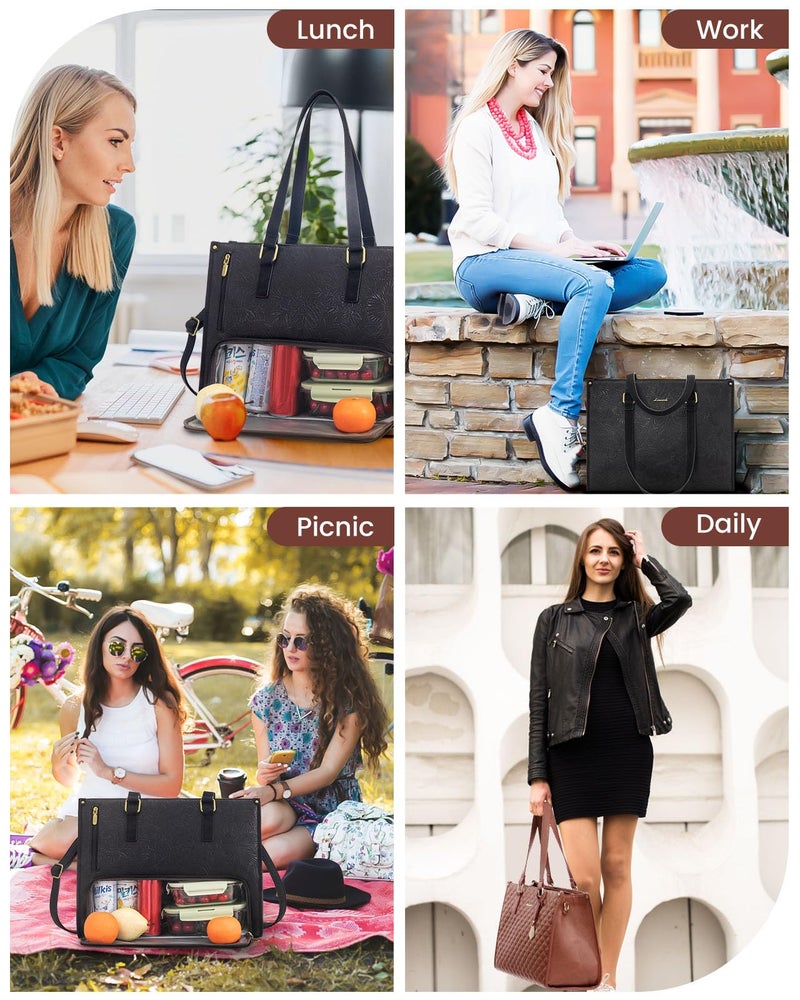 LOVEVOOK Lunch Tote Bag for Women, 15.6 Inch Laptop Bag with Insulated Lunch Compartment, Quilted Large Capacity Computer Handbag with Purse for Business, Work, Collage, Office, Casual, Jet Black - Image 5