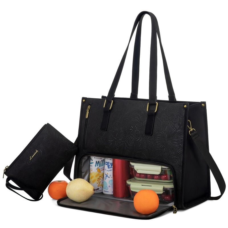 LOVEVOOK Lunch Tote Bag for Women, 15.6 Inch Laptop Bag with Insulated Lunch Compartment, Quilted Large Capacity Computer Handbag with Purse for Business, Work, Collage, Office, Casual, Jet Black - Image 1