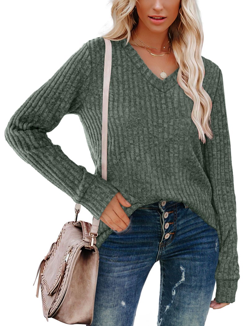 Sampeel Long Sleeve Shirts for Women V Neck Basic Fall Tops Comfy Pullover Winter Christmas Sweater Loose Fit 2026 Green L - Image 2