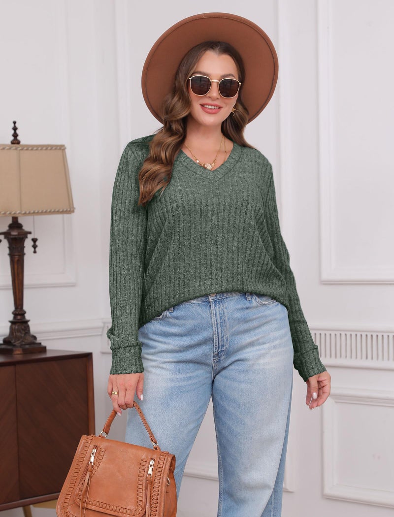 Sampeel Long Sleeve Shirts for Women V Neck Basic Fall Tops Comfy Pullover Winter Christmas Sweater Loose Fit 2026 Green L - Image 4
