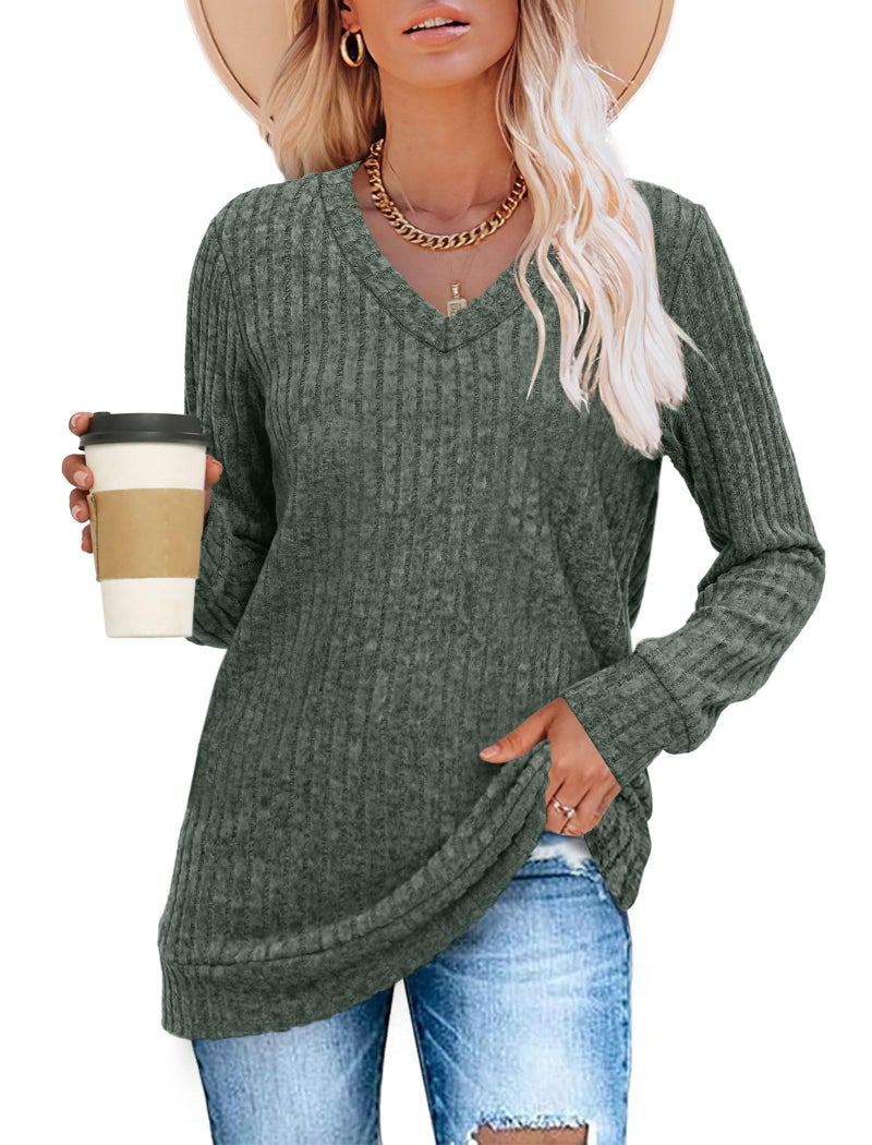 Sampeel Long Sleeve Shirts for Women V Neck Basic Fall Tops Comfy Pullover Winter Christmas Sweater Loose Fit 2026 Green L - Image 3