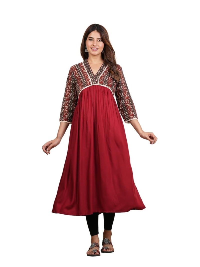 Yash Gallery Women’s Rayon 3/4 Sleeve Bagru Printed Alia Cut Kurta(Maroon) - Image 1