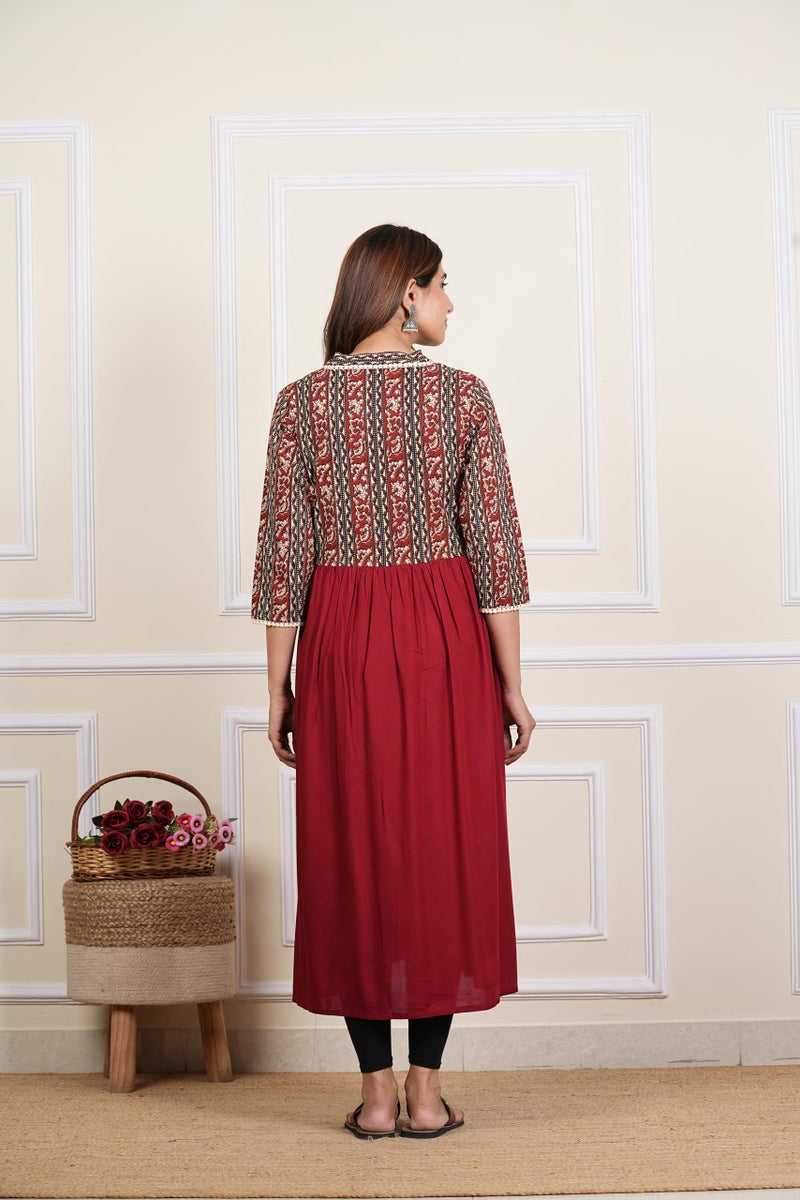 Yash Gallery Women’s Rayon 3/4 Sleeve Bagru Printed Alia Cut Kurta(Maroon) - Image 4