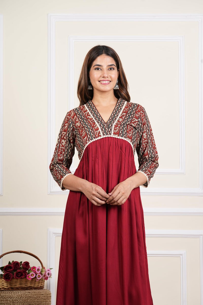 Yash Gallery Women’s Rayon 3/4 Sleeve Bagru Printed Alia Cut Kurta(Maroon) - Image 5