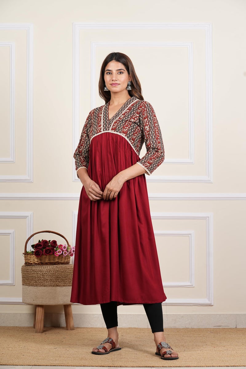 Yash Gallery Women’s Rayon 3/4 Sleeve Bagru Printed Alia Cut Kurta(Maroon) - Image 3