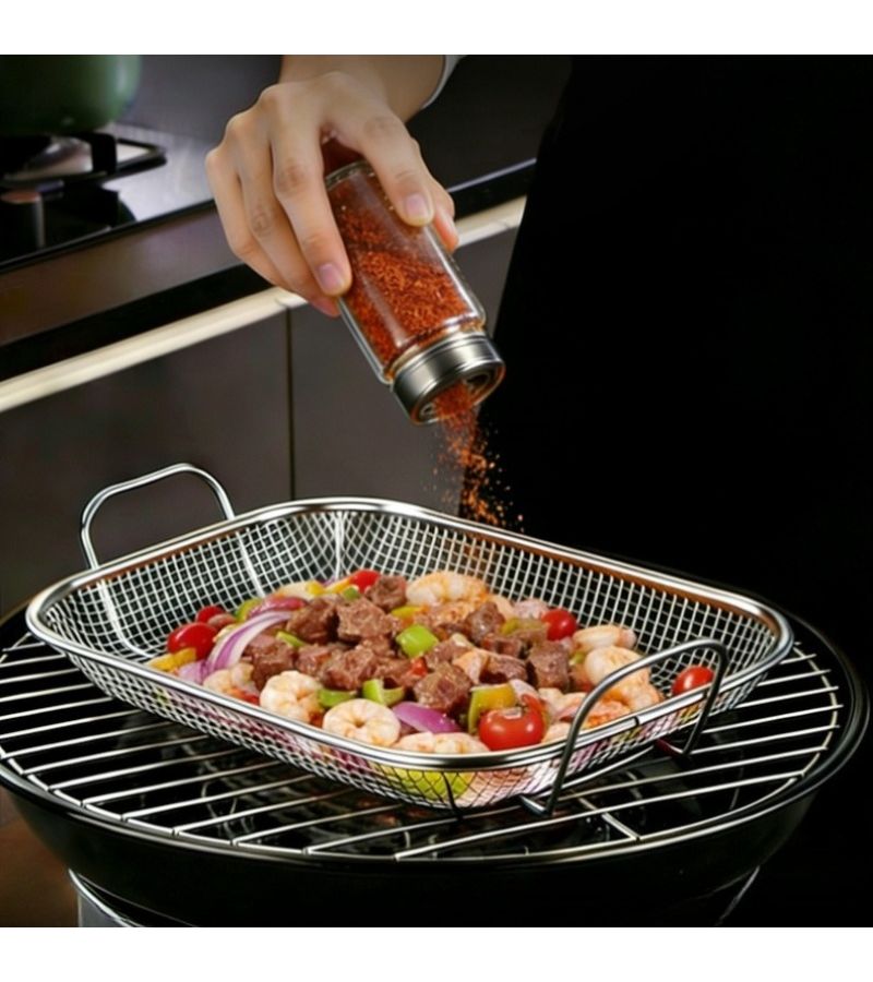 201 High Ear BBQ Basket 42x37.5cm Stainless Steel Rectangular Grill Pan Oven - Image 5