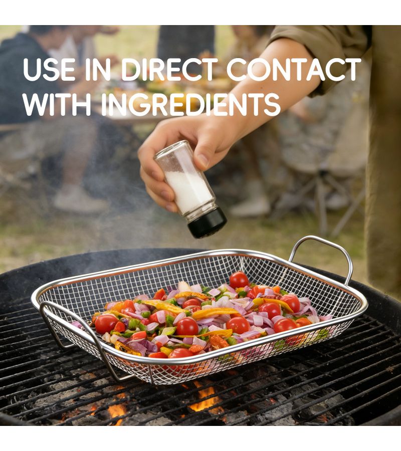 201 High Ear BBQ Basket 42x37.5cm Stainless Steel Rectangular Grill Pan Oven - Image 1