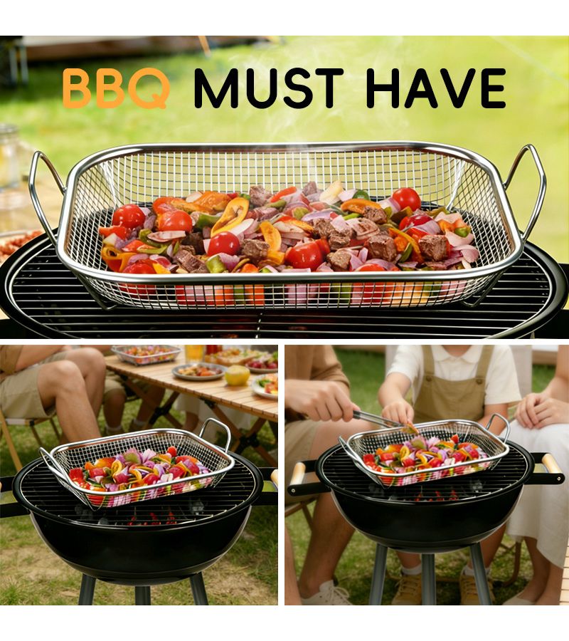 201 High Ear BBQ Basket 42x37.5cm Stainless Steel Rectangular Grill Pan Oven - Image 2
