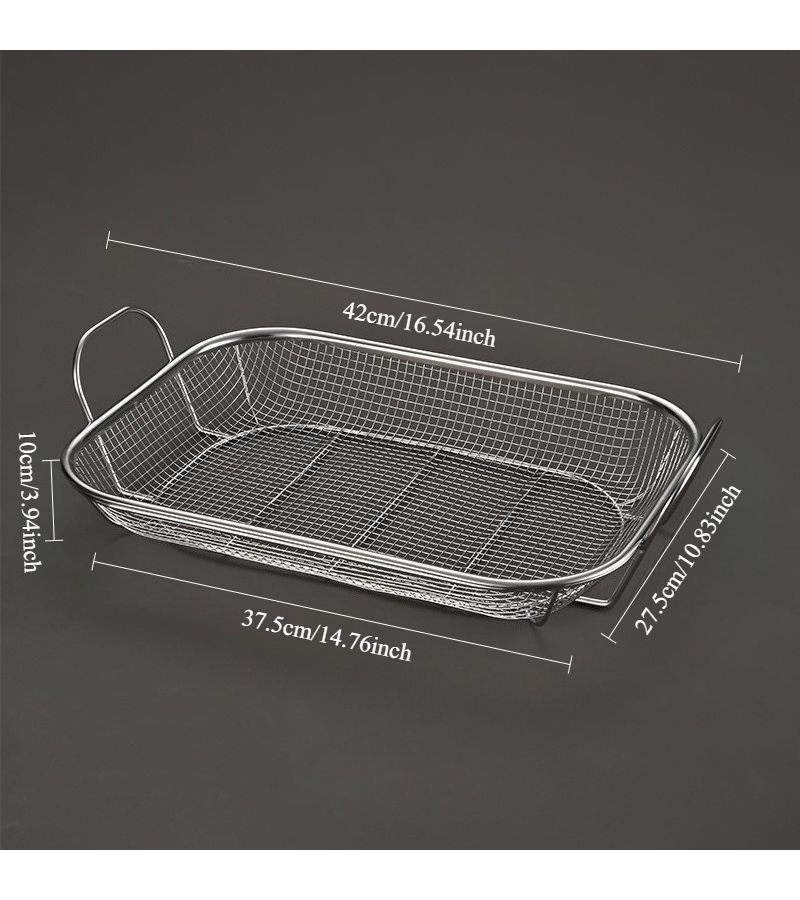 201 High Ear BBQ Basket 42x37.5cm Stainless Steel Rectangular Grill Pan Oven - Image 3