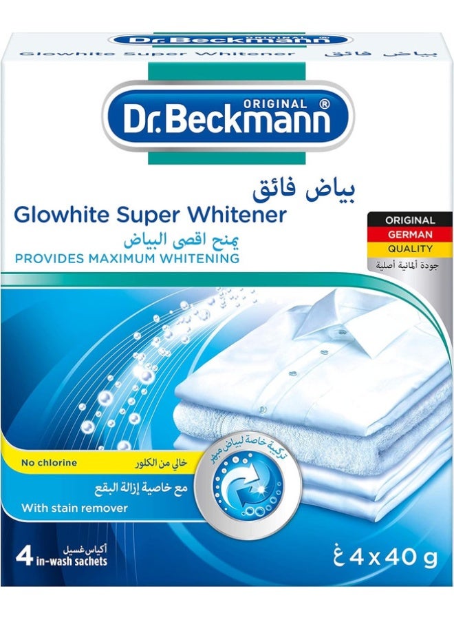 Dr. Beckmann د. بيكمان جلو وايت سوبر وايتنر مع تركيبة وايت النهائية | يوفر تبييضًا طويل الأمد ورائحة منعشة ممتعة | مزيل للبقع | أساسيات تنظيف الغسيل - 4x40 جرام - Image 1