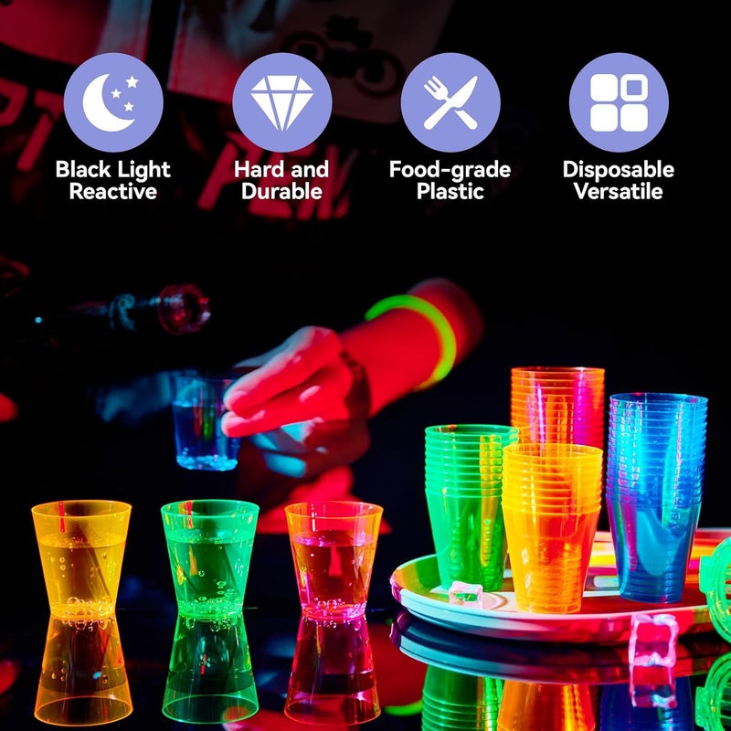 FOCUSLINE 200Pack 2 Oz Plastic Shot Glasses Set, Neon Party Mini Shot Glasses Bulk, Durable and Reusable, Small Disposable Plastic Cups for Vodka, Whiskey, and More - Image 2