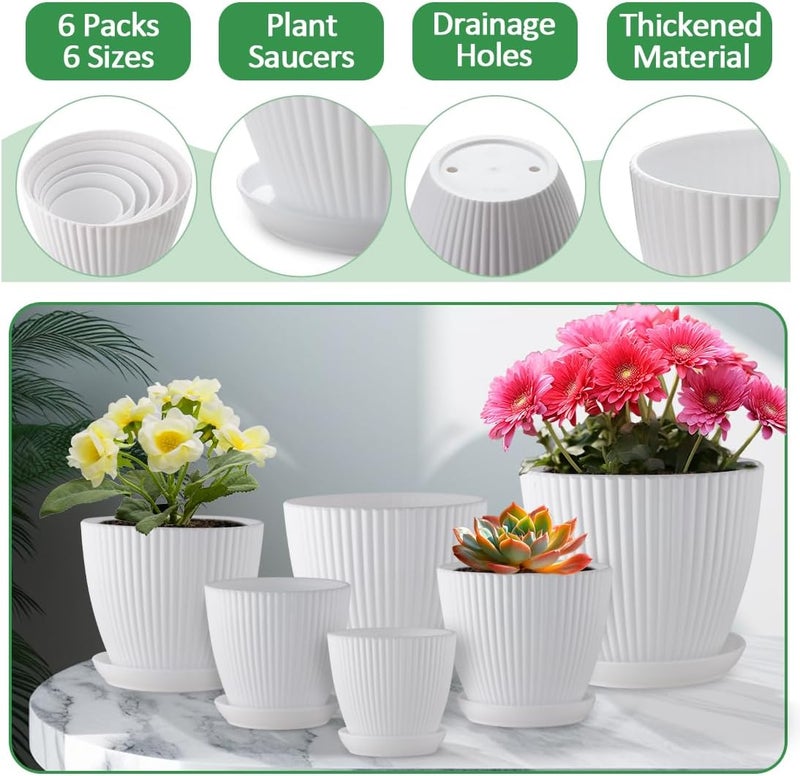 RooTrimmer 7.5/6.5/5.5/4.9/4.2/3.5 inches Plant Planters 6 Pack, Thick Sturdy Plastic Pots, Indoor/Outdoor Plant Flower Pots with Drainage Holes and Saucers (6 Sizes, White) - Image 4