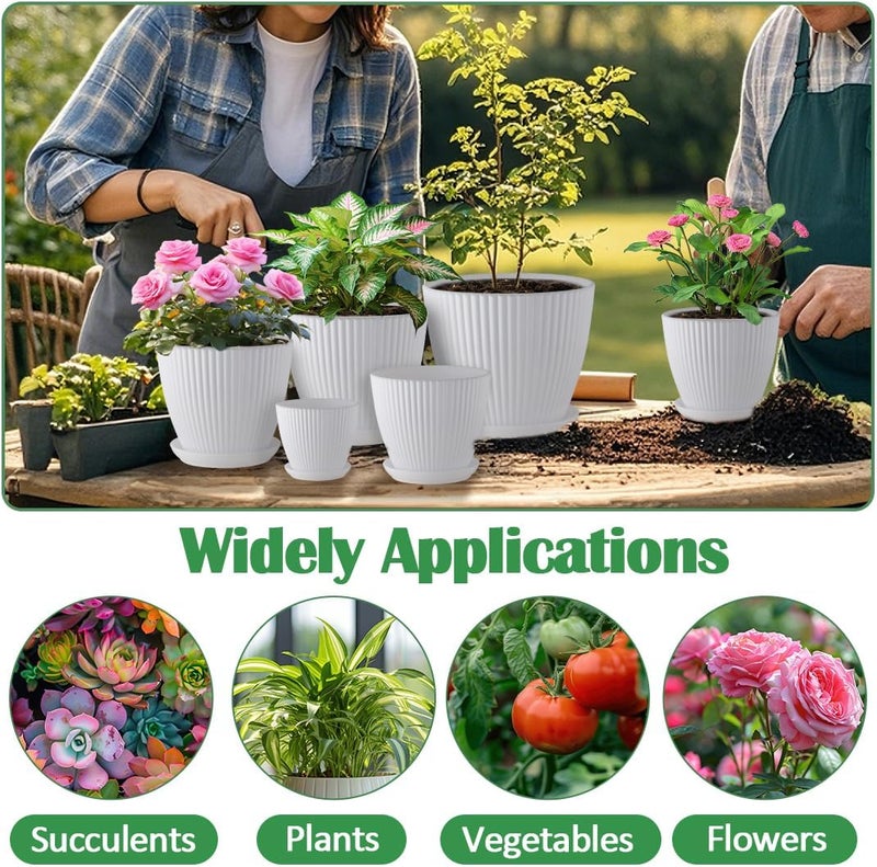 RooTrimmer 7.5/6.5/5.5/4.9/4.2/3.5 inches Plant Planters 6 Pack, Thick Sturdy Plastic Pots, Indoor/Outdoor Plant Flower Pots with Drainage Holes and Saucers (6 Sizes, White) - Image 2