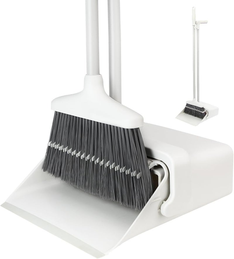 CQT Broom and Dustpan Set with 52:“ Longer Handle Standing for Home Kitchen Cleaner Floor Sweeping Upright Stand Up Dust pan Cleans Combo (Brown) - Image 1