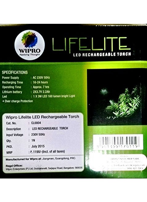 WIPRO wipro Lifelite Cl0004 3Watt Rechargeable Led Torch Multicolour 1810 Steel Pack Of 1 Transparent  - Image 3