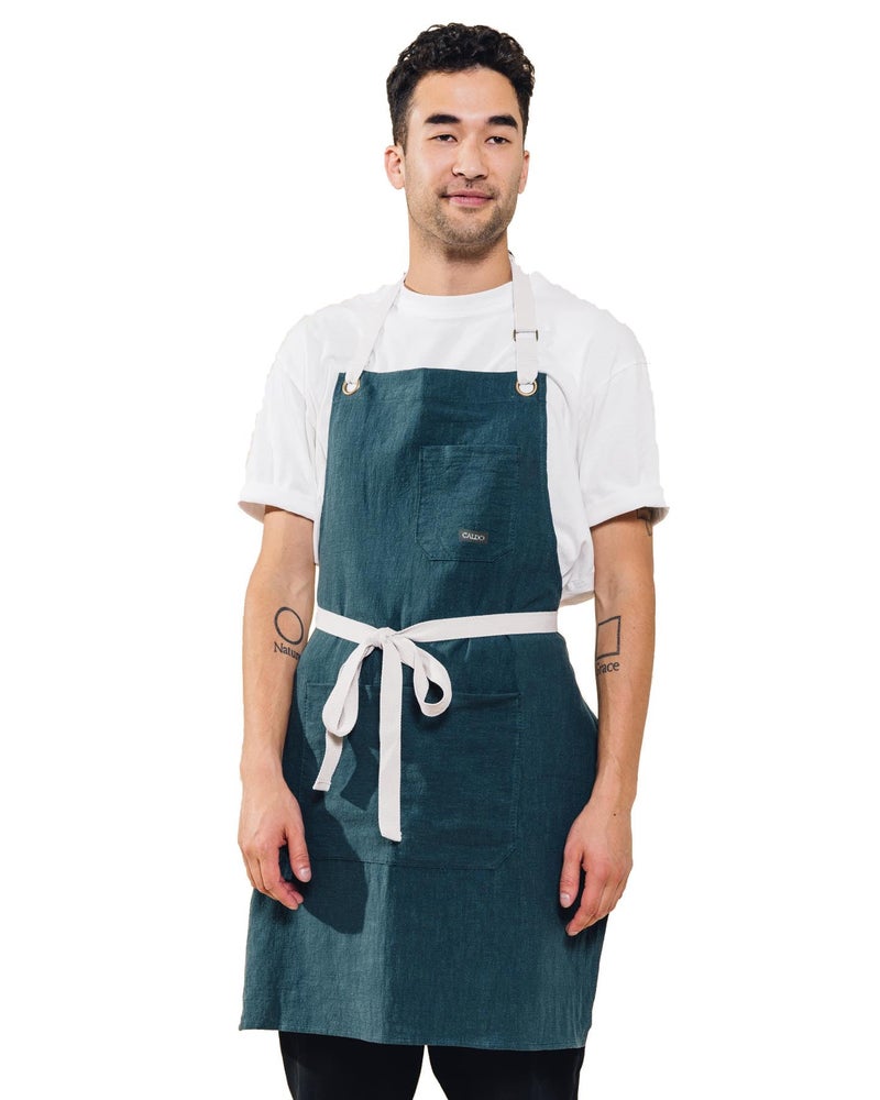 Caldo Linen Kitchen Apron for Cooking  Mens and Womens Linen Bib Apron for Professional Chef Server or Barista Adjustable with Pockets Spruce