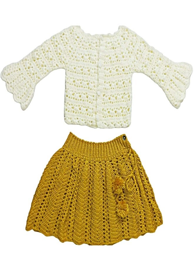 DORCHIS Baby Girl Woolen Top Skirt Set, Handmade with Crochet (3-4 Years, Off White-Yellow) - Image 1