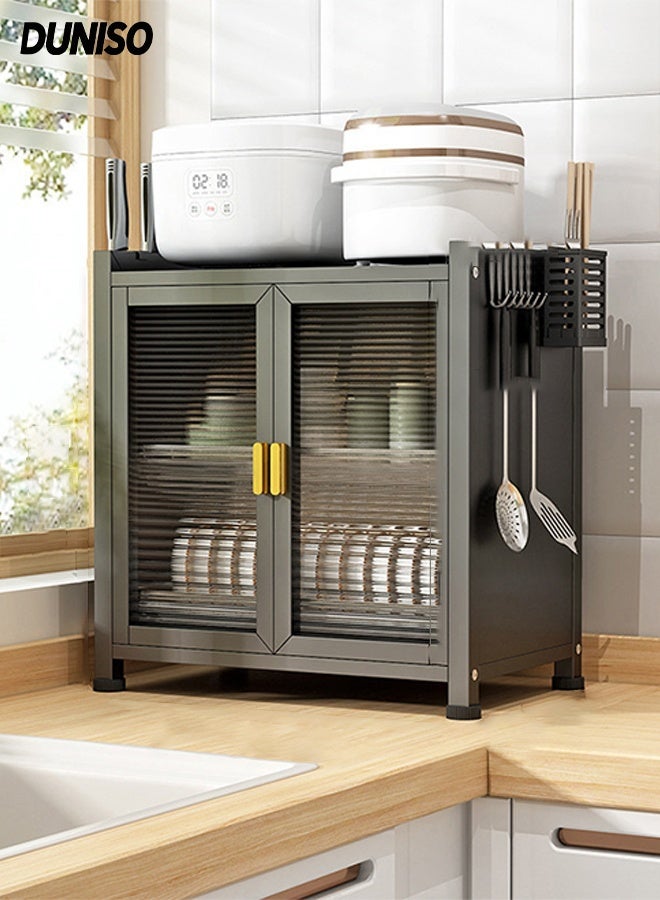 DUNISO Multi-functional two-layer steel kitchen cabinet with Glass Doors，Sideboard with With hook and chopstick holder ，Organization Cabinet Suitable for Coffee Corner & Kitchen （Black） - Image 1