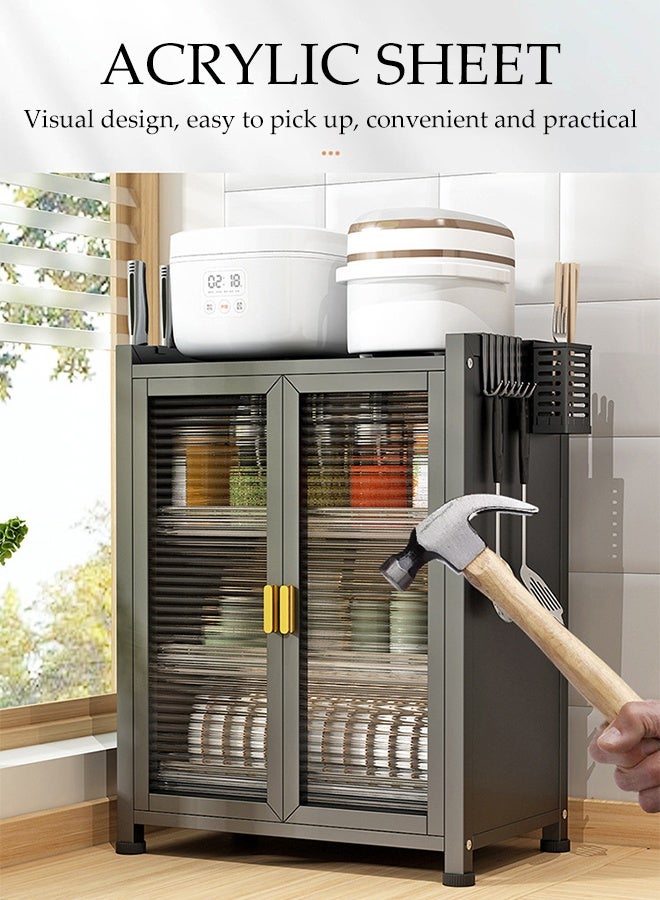 DUNISO Multi-functional two-layer steel kitchen cabinet with Glass Doors，Sideboard with With hook and chopstick holder ，Organization Cabinet Suitable for Coffee Corner & Kitchen （Black） - Image 4